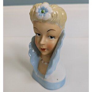 1950's Vintage Lady Head Vase Blonde Hair Blue Collar 6" Tall